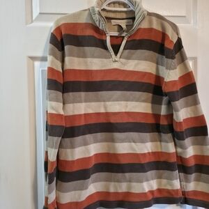 Women's Striped Crew Neck Sweater - Orange, Brown, and Gray